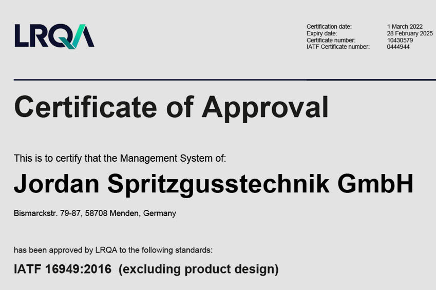 JORDAN Spritzgusstechnik confirms its high quality standards as an automotive supplier with the successful recertification.